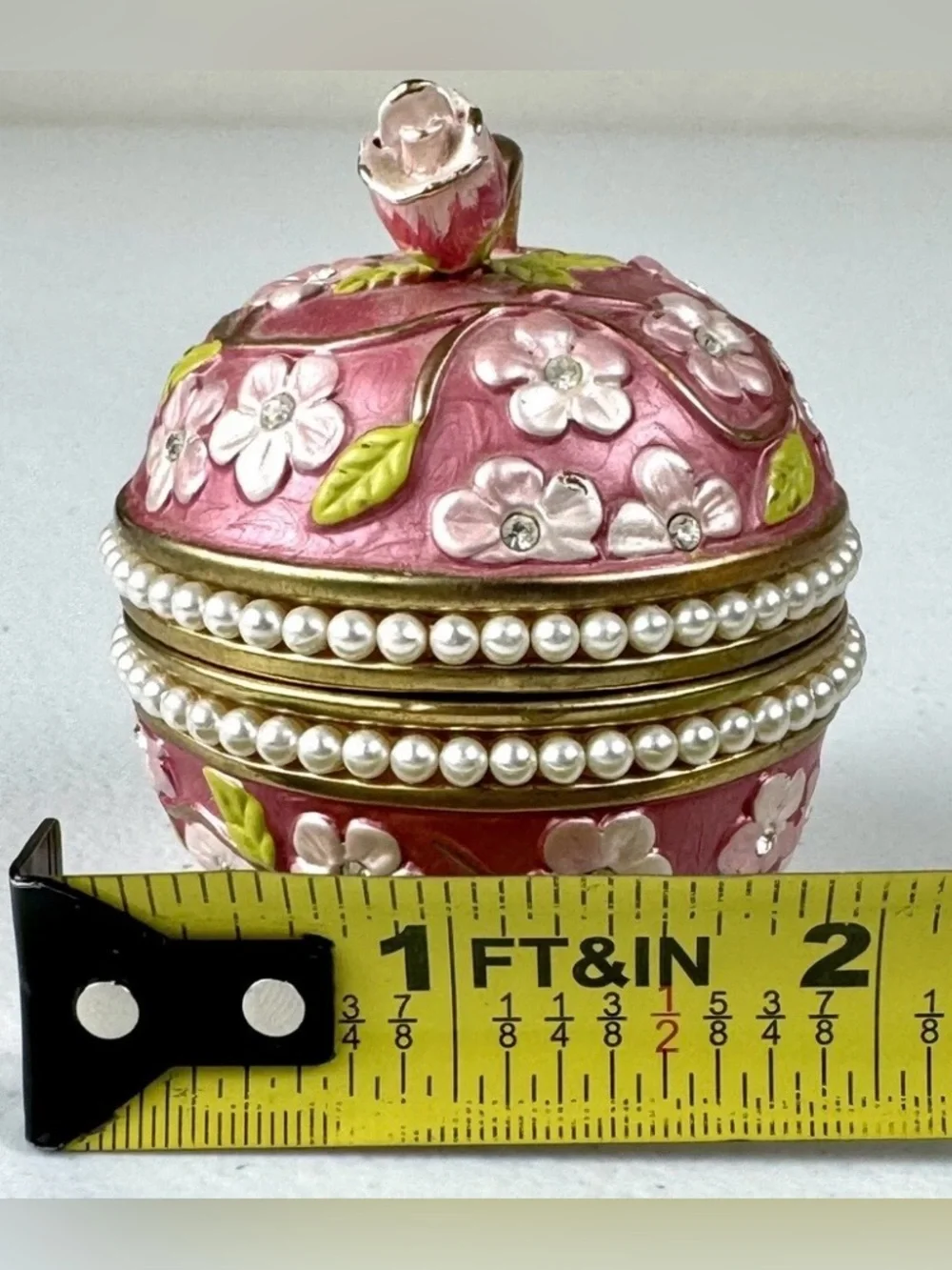Vintage Rucinni Enamel Pink Apple Blossom Trinket Box With Swarovski Crystals